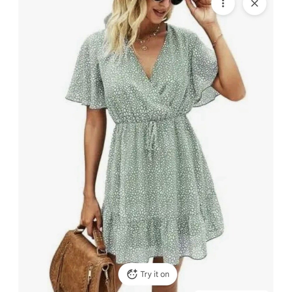 Women’s Dress Short Sleeve Wrap Ruffle Elastic Waist Sage Green Small